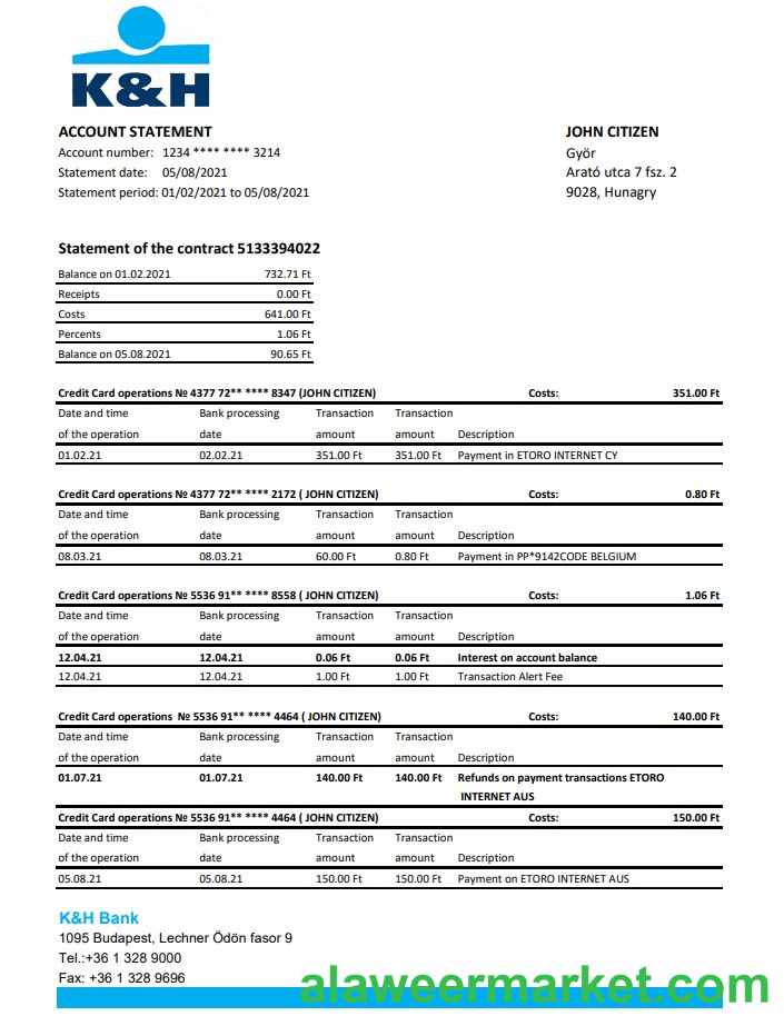 Hungary K&H Bank statement easy to fill template in Excel and PDF format
